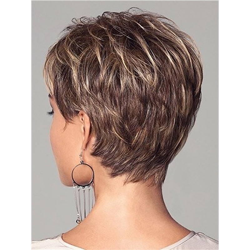 Short Dark Brown Mixed Blonde Highlight Pixie Cut Wigs with Bangs Synthetic Layered Wigs for Women Natural Hair Replacement Wigs3