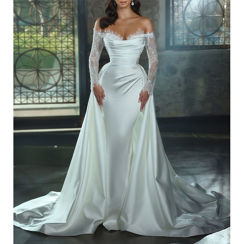 Engagement Formal Wedding Dresses Sheath Off Shoulder Long Sleeve Chapel Train Satin Bridal Gowns With Appliques Solid Color 2025 2025 - $235.79