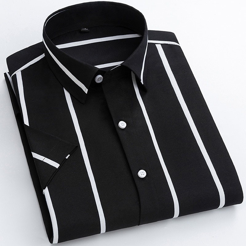 Men's Dress Shirt Striped Shirt Plaid / Striped / Chevron / Round Wedding Office & Career Black White Dark Navy Navy Blue Short Sleeve Shirt Collar Spring & Summer Clothing Apparel