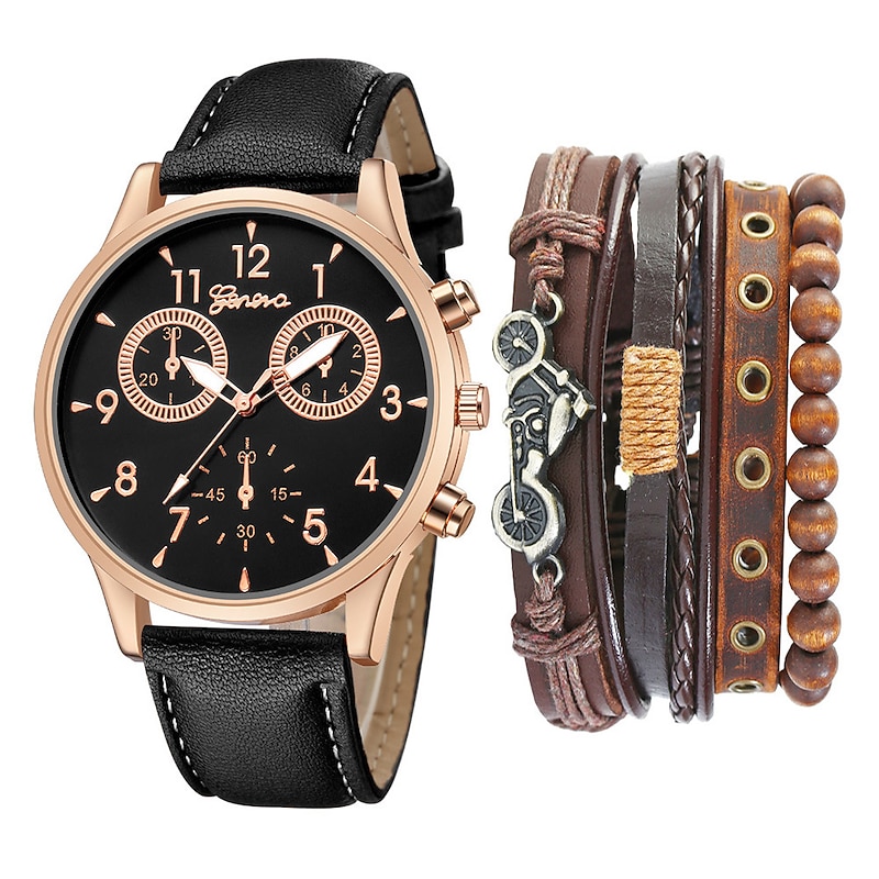 Watch Set Men's Fashion Casual Two Eye Belt Quartz WatchBicycle Punk Bracelet 5pcs/set2