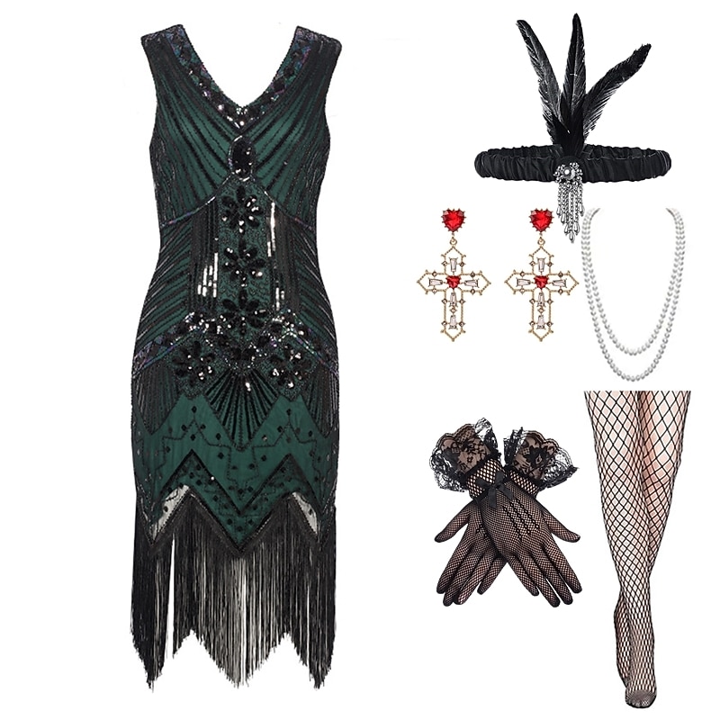 1920s Flapper Dress with 20s Accessories Set Women's Sequins Tassel Fringe Costume Retro Vintage Cosplay Party & Evening Cocktail Dress2