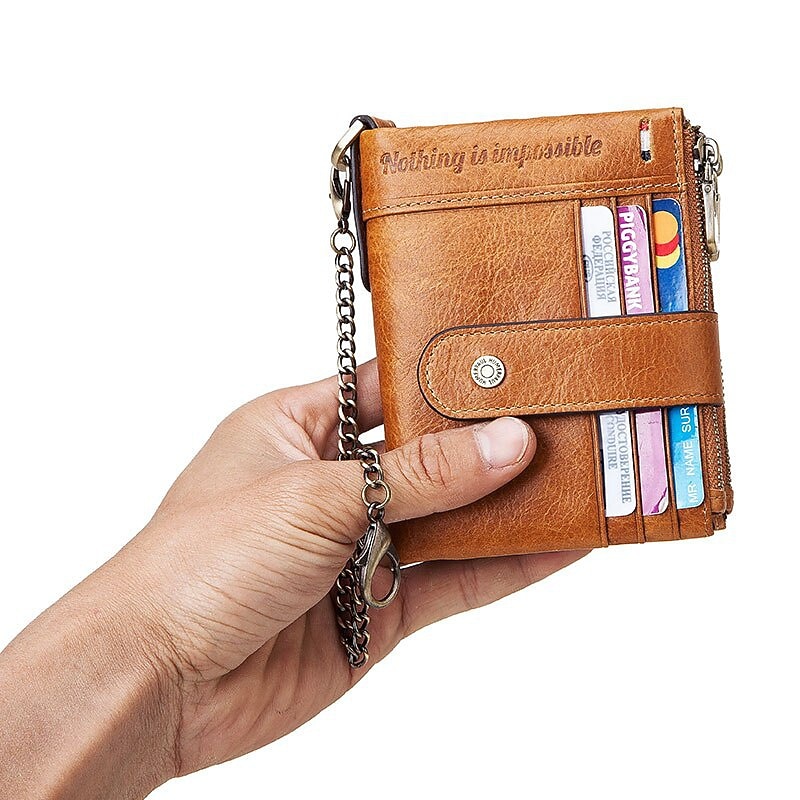HUMERPAUL Men Wallets Slim Leather Bifold Hasp Short Male Purse Coin Pouch Multi-functional Cards Wallet Chain Bag Quality4