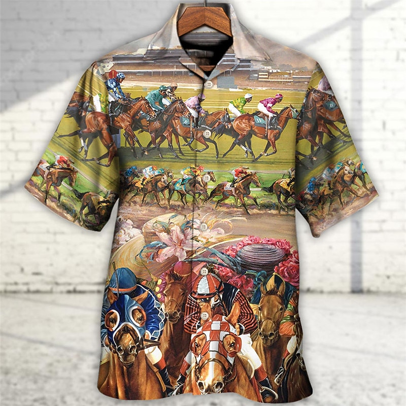 Kentucky Derby Men's Horse Beer Horse Racing Shirt Summer Hawaiian Shirt Button Up Shirt Short Sleeve Sports Fashion Streetwear Outdoor Casual Hawaiian Summer Spring Cuban Collar Print Funny Kentucky - Main Image