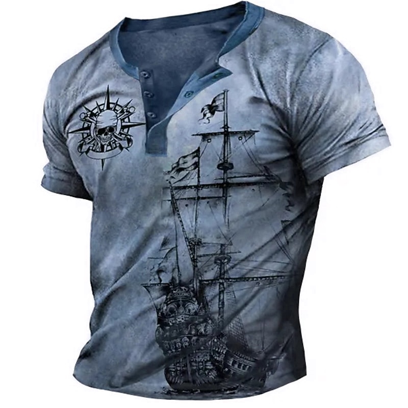 Men's Graphic Ship Skulls Henley Shirt Raglan T Shirt Short Sleeve 3D Print Fashion Designer Comfortable Outdoor Daily Summer Blue Red Purple Brown Green Henley Henley T-Shirt4