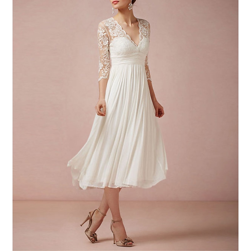 Beach Wedding Bridal Shower Little White Dress Bridal Shower Dresses Wedding Dresses A-Line V Neck 3/4 Length Sleeve Tea Length Chiffon Bridal Gowns W