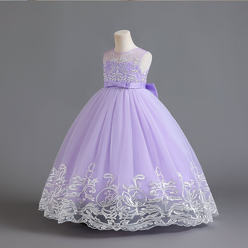 Kids Girls' Dress Flower Sleeveless Wedding Christening dress Princess Polyester Floral Embroidery Dress Flower Girl's Dress Summer 4-13 Years Deep Purple Watermelon Red Bean Paste2