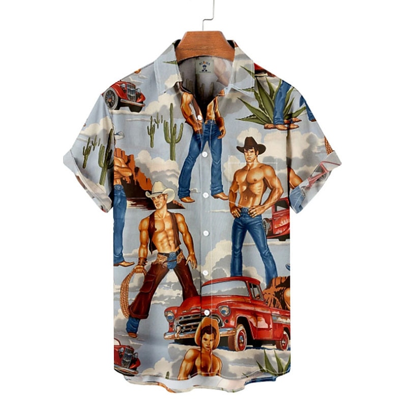 Men's Car Cowboy Shirt Button Up Shirt Short Sleeve Vintage Sports Fashion Outdoor Daily Weekend Summer Spring Turndown Print Blue