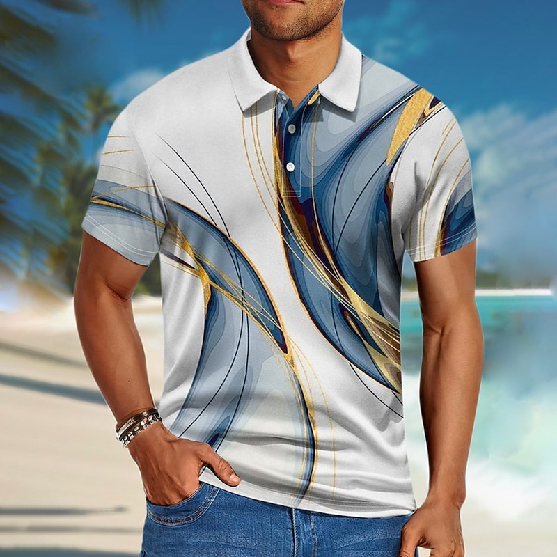 Men's Geometric Hawaiian Polo Shirts Golf Shirt Short Sleeve Polo Shirts Collared Shirts Casual Beach Wear Vacation Wear Party Outfits Buttons 3D Print Blue Dark Blue Gray+Blue