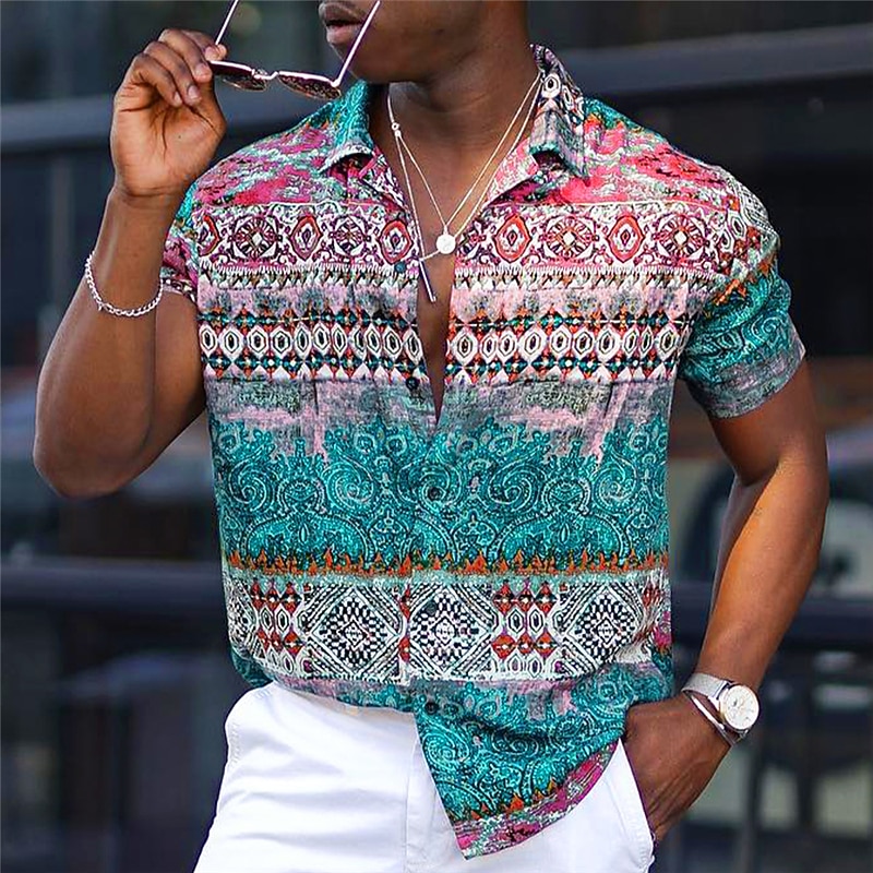 Men's Floral Tribal Vintage Shirt Button Up Shirt Vintage Hawaiian Shirts Short Sleeve Sports Fashion Streetwear Outdoor Casual Holiday Summer Spring Cuban Collar Print Lake blue Yellow Light Green2