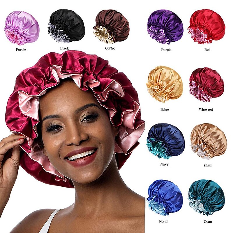 Bath Hat Silk Bonnet for Women Satin Bonnet for Curly Hair Sleep Cap Double Layer Large Silk Hair Bonnet for Black Women Natural Hair