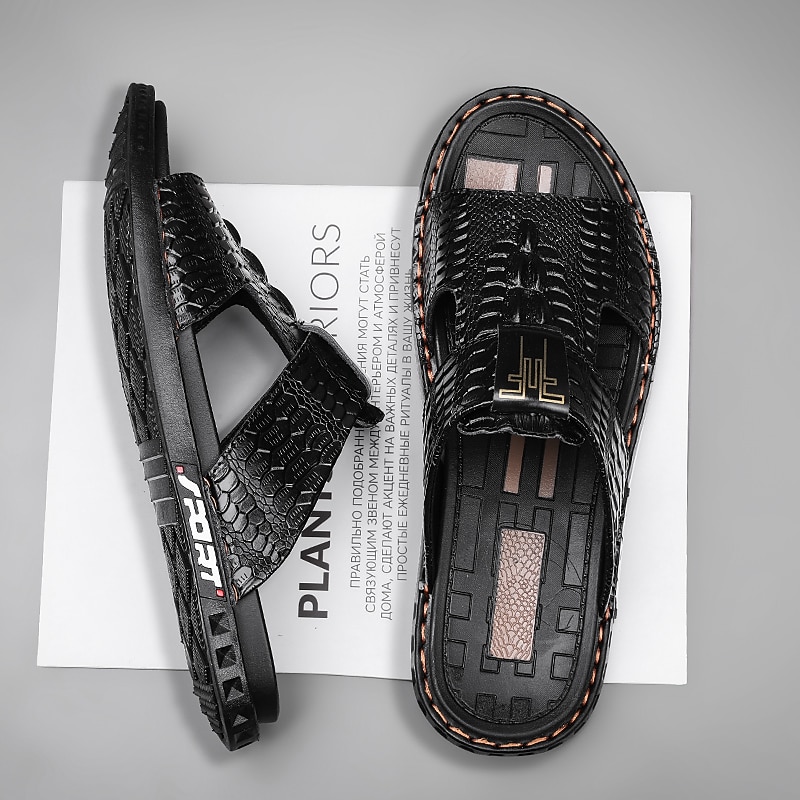 Men's Burgundy Crocodile-Pattern Slide Sandals – Luxury Leather Open-Toe Slippers with Non-Slip Sole for Casual and Summer Wear 8