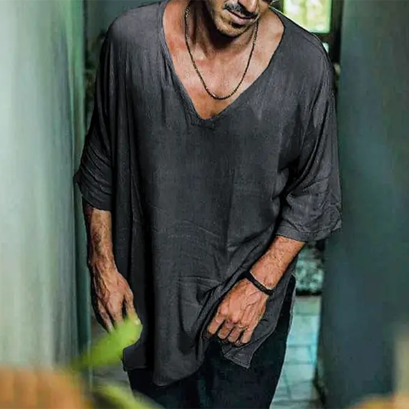 Men's Cotton Linen Shirt Summer Shirt Beach Shirt Plain Hawaiian Holiday Black Green Coffee Long Sleeve V Neck Spring & Summer Clothing Apparel Basic