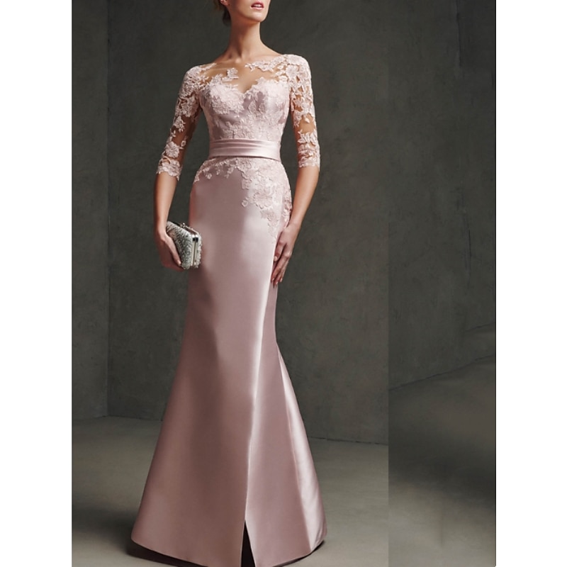 Mermaid Mother of the Bride Dress Formal Formal Evening Elegant Party Scoop Neck Floor Length Satin Lace 3/4 Length Sleeve with Pleats Split Front