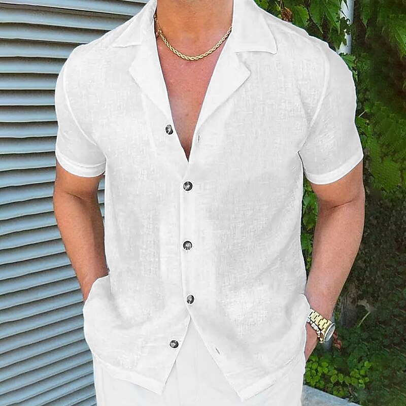 Men's Shirt Linen Shirt Summer Shirt Beach Wear Button Up Shirt Plain Vacation Casual Black White Pink Blue Short Sleeve Camp Collar Summer Clothing Apparel4