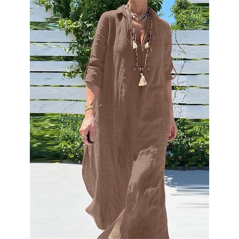 Women's Navy Blue Green khaki Summer Spring Fall Maxi long Dress Cotton Linen Dresses Shirt Dress Casual Dress Basic Casual Outdoor Daily Loose Fit Pure Color Shirt Collar4
