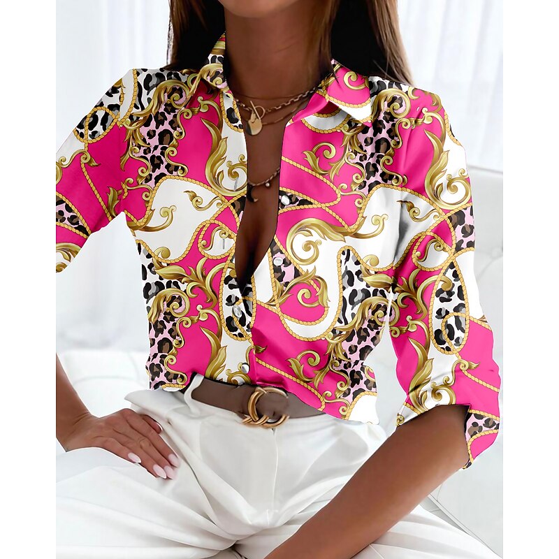 Women's Shirt Long Sleeve Button Down Blouse Basic Buttons Print Regular Tops Shirt Collar Casual Pink Red Purple Spring Fall