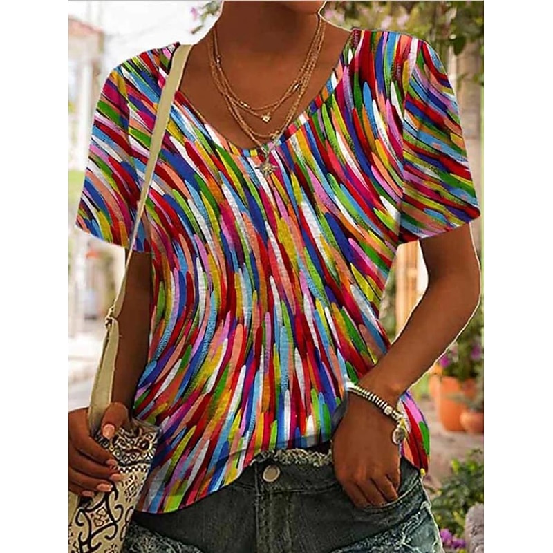 Women's T Shirt Graphic Basic Short Sleeve V Neck Regular Tops Daily Weekend Print Yellow Red Blue Green4