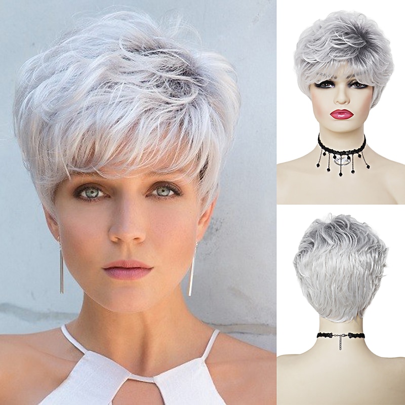 Short Wig Ombre Silver Grey Wigs for Women Synthetic Hair with Bangs Natural Hairstyle for Old Lady Mommy Wig Cap Free