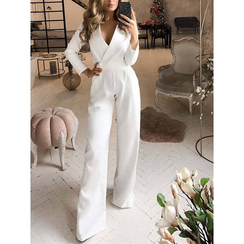 Women's Jumpsuit for Special Occasions Pocket High Waist Solid Color V Neck Streetwear Office Work Regular Fit Long Sleeve Black White Wine S M L Summer4