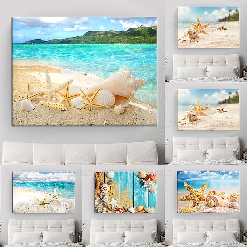 Beach Seascape Wall Art Canvas Painting Shell Sea Wall Art Starfish Seashells Wall Pictures Poster for Living Room Bedroom Office Decor No Frame