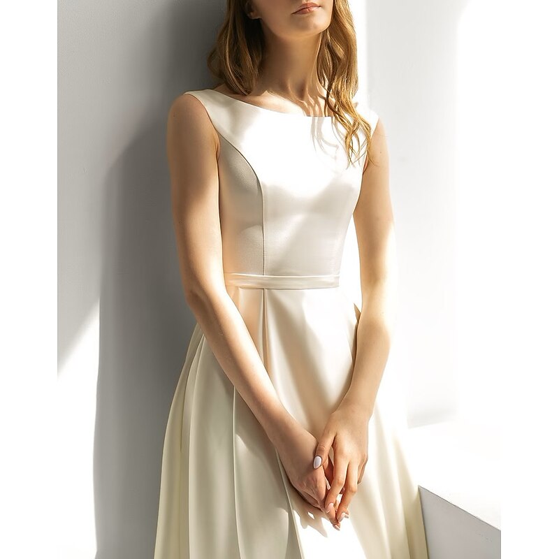 Bridal Shower Little White Dress Bridal Shower Dresses Wedding Dresses A-Line Scoop Neck Sleeveless Tea Length Satin Bridal Gowns With Solid Color3