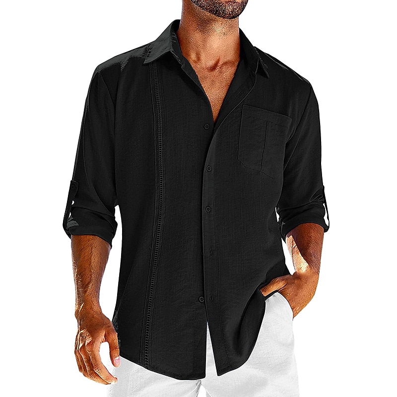Men's Shirt Plain Vacation Hawaiian Black White Blue Khaki Long Sleeve Lapel Spring & Summer Clothing Apparel Pocket2