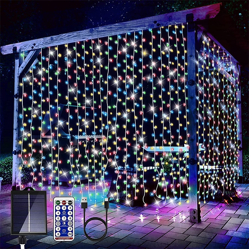 300LEDs Solar Curtain Lights Outdoor Indoor Solar String Lights Outdoor Waterproof Fairy Window Lights Twinkle Lights 8 Modes Christmas Decoration for Home Garden Patio Wedding Party3