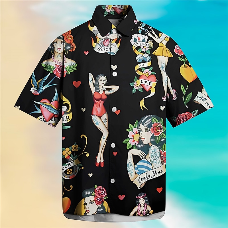 Men's Hula Girls Shirt Summer Hawaiian Shirt Aloha Shirt Short Sleeves Shirt Turndown Fashion Streetwear Designer Outdoor Street Casual Apricot Black S M L