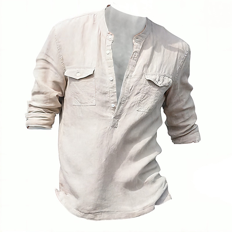 Men's Shirt Cotton Linen Shirt White Cotton Shirt Chinese Collar Shirt Mandarin Collar Shirt Popover Shirt Plain Vacation Casual White Blue Long Sleeve Henley Spring & Summer Clothing Apparel