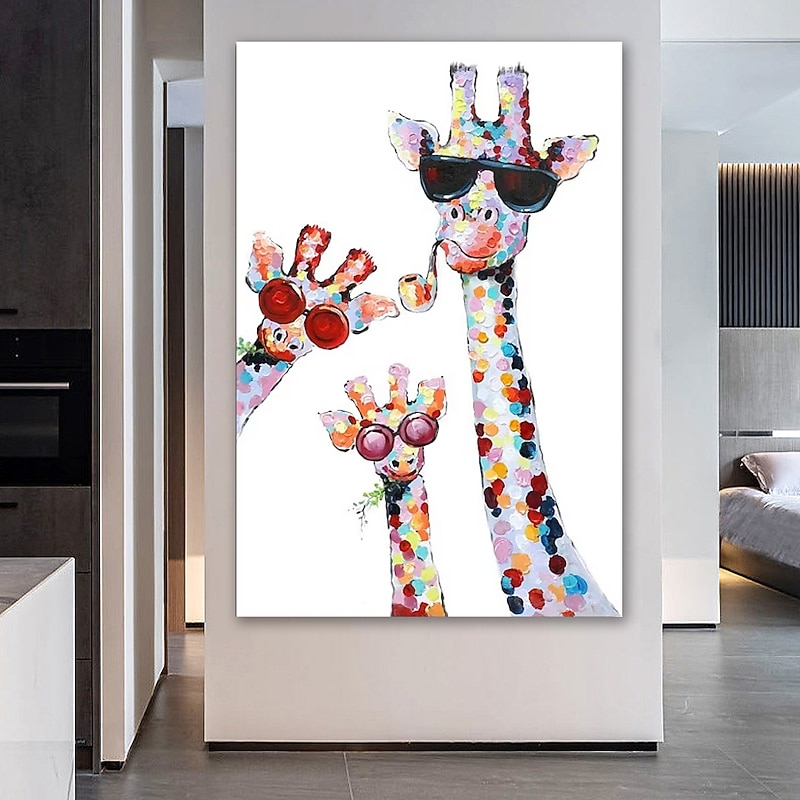Nursery Oil Painting Hand Painted Vertical Animals Modern Stretched Canvas