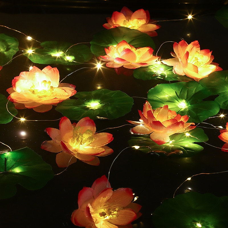 Solar Powered Lotus String Lights 2m 20LEDs Outdoor Waterproof Garland Light Garden Pond Yard Holiday  Decoration Landscape Light (5 Flowers and 5 Leaves)3