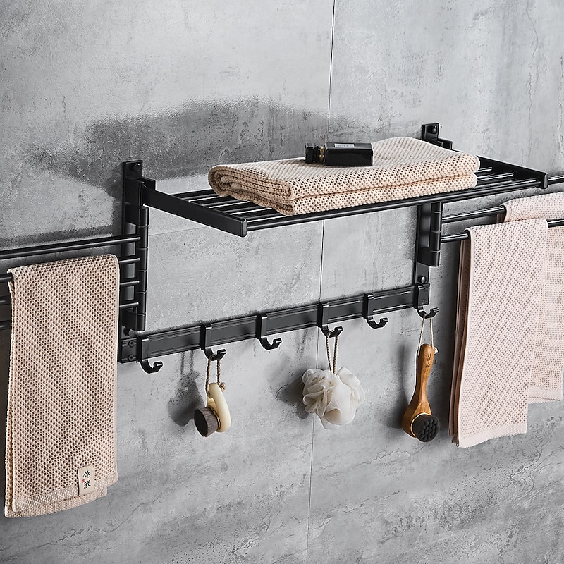 Stainless Steel Towel Rack,Bathroom Towel Rack with Shelf,Foldable Towel Shelf with Movable Hooks Rustproof Towel Storage Wall Mount for Bathroom Lavatory Matte Black4