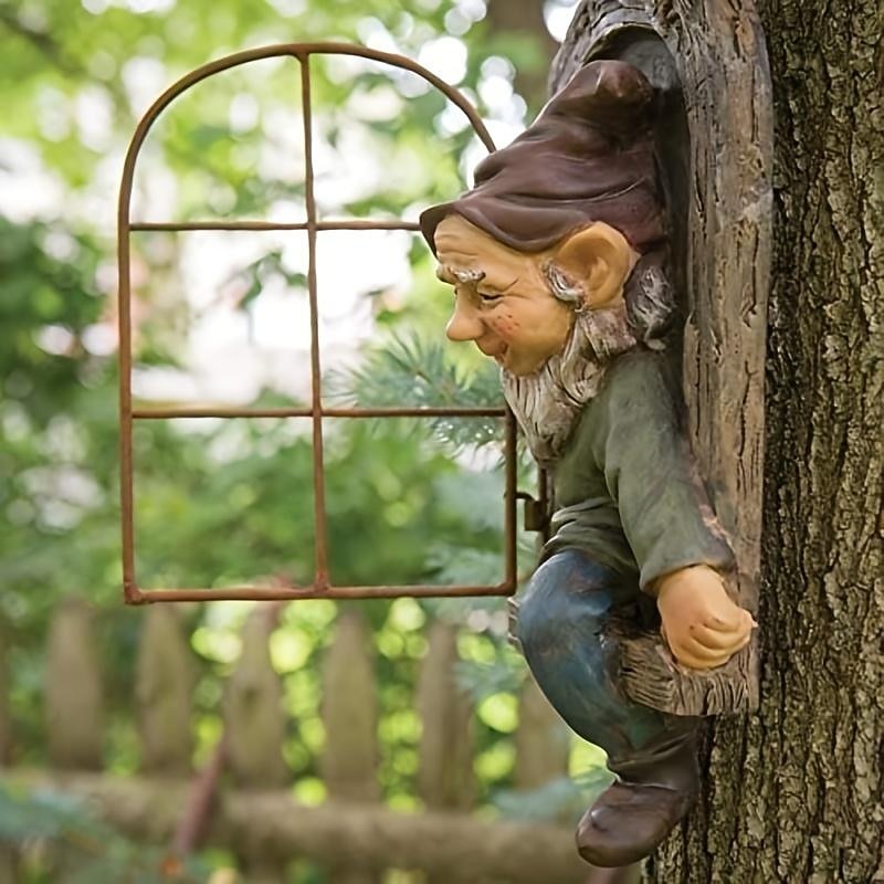 Yard Decorations, 1pc Garden Gnome Statue Ornaments, Gnome Out Of The Window Tree Decoration Garden Decoration Elf From The Door Tree Hugging Polyresin Ornaments Crafts For Christmas Indoor Outdoor3