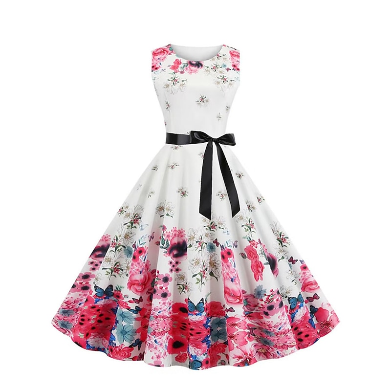 Women's Ruched Print Vintage Dress Midi Dress Polyester Elegant Vintage Floral Crewneck Sleeveless Vacation Daily Summer Spring Deep Purple Black3