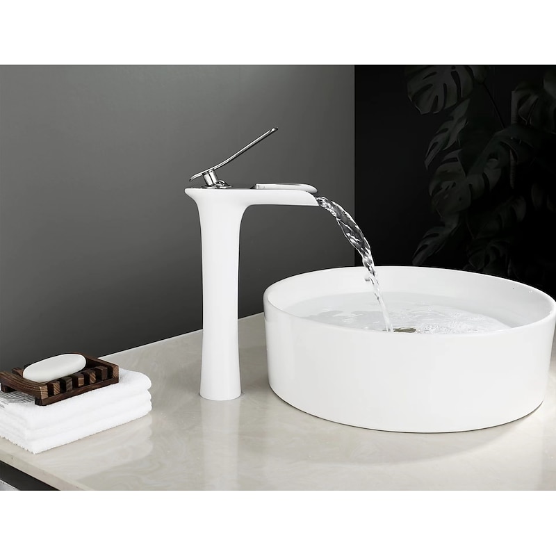 Waterfall Bathroom Sink Mixer Faucet Tall, Mono Wash Basin Single Handle Basin Taps Washroom with Hot and Cold Hose Monobloc Vessel Water Brass Tap Deck Mounted 6