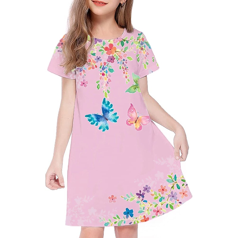 Easter Girls' 3D Floral Animal Butterfly Dress Short Sleeve 3D Print Summer Spring Vacation Daily Holiday Cute Casual Sweet Kids 3-12 Years A Line Dress Above Knee Regular Fit4