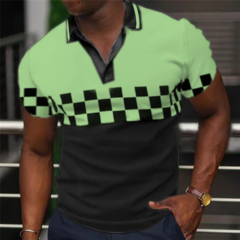 Men's Plaid Polo Shirts Golf Shirt Short Sleeve Polo Shirts V Neck Casual Vacation Wear Formal Wear Festival Wear 3D Print Black Yellow Blue3