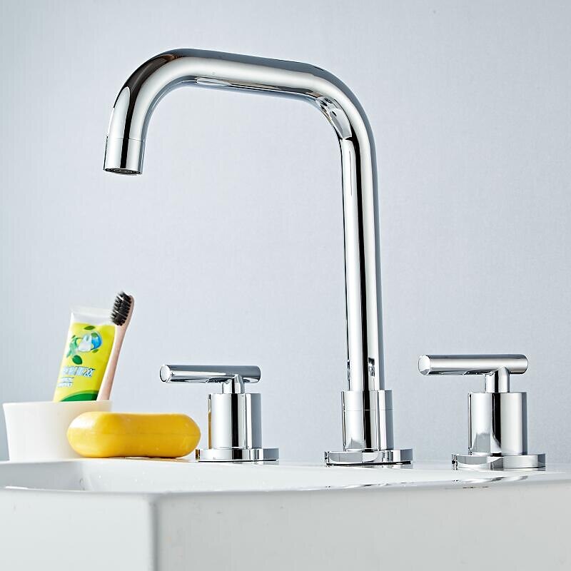 Widespread Bathroom Sink Mixer Faucet Deck Mounted, 360 Swivel Brass 3 Hole 2 Handle Basin Tap, Washroom Basin Vessel Water Tap with Hot and Cold Water Hose4