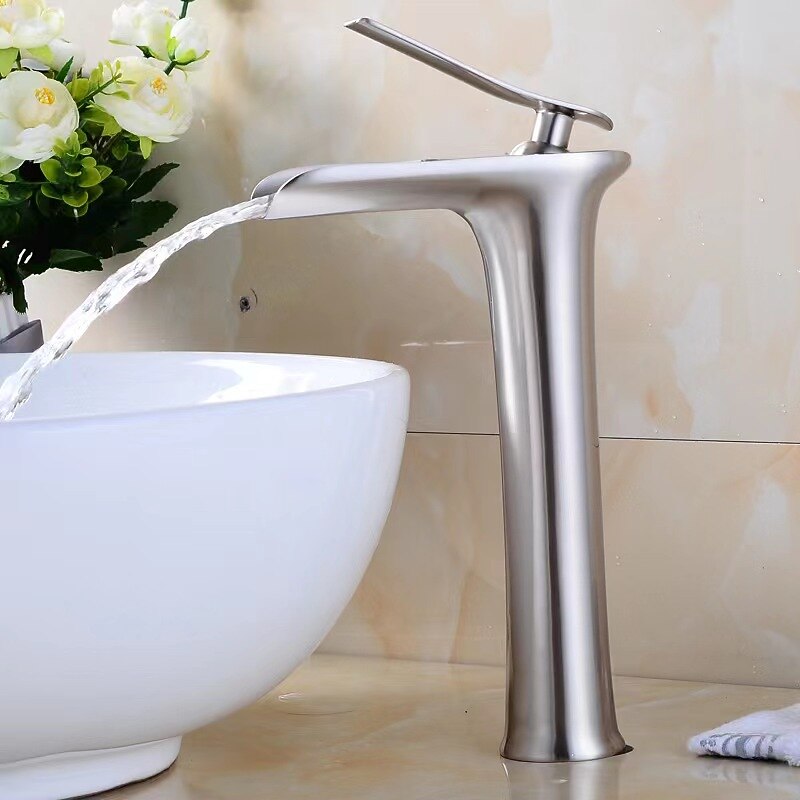 Waterfall Bathroom Sink Mixer Faucet Tall, Mono Wash Basin Single Handle Basin Taps Washroom with Hot and Cold Hose Monobloc Vessel Water Brass Tap Deck Mounted 11