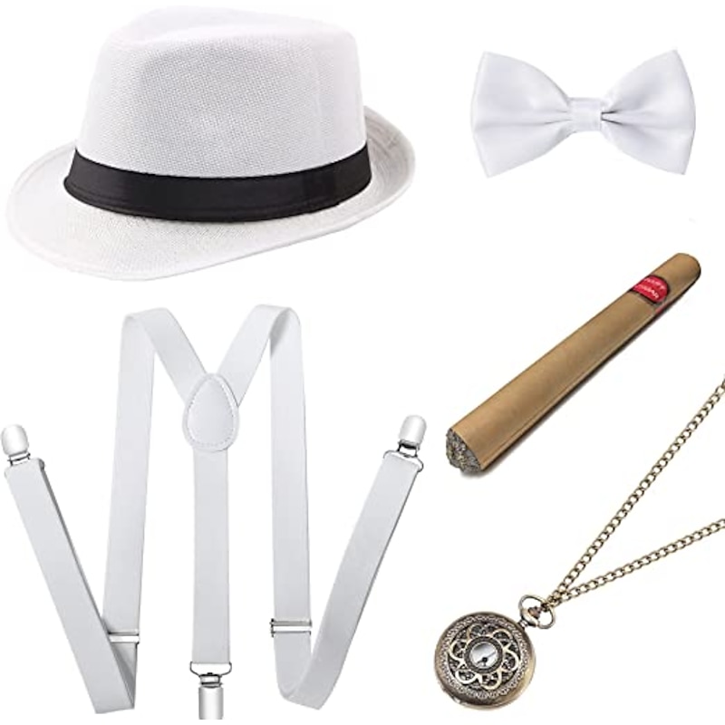 1920s Roaring Retro Men Costume Accessories Set Gangster Hat Fedora Hat Bow Tie Pocket Watch Suspender 5 Pcs4