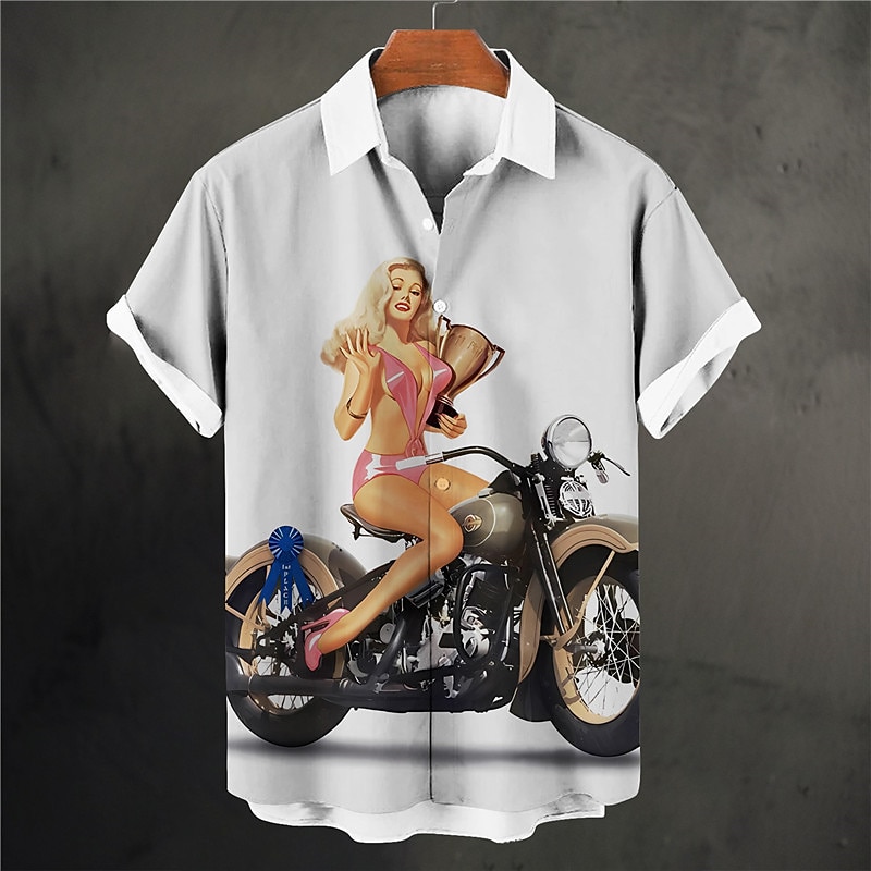 Men's Vintage Motorcycle Pin Up Girl Shirt Summer Hawaiian Shirt Aloha Shirt Short Sleeves Shirt Turndown Vintage Fashion Streetwear Outdoor Street Casual White Red Beige S M L