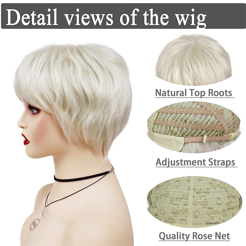 Synthetic Hair Short Wigs Platinum Blonde Wig with Bangs Ladies Wigs for Women Natural Hairstyles Sale Wig Cap Free2