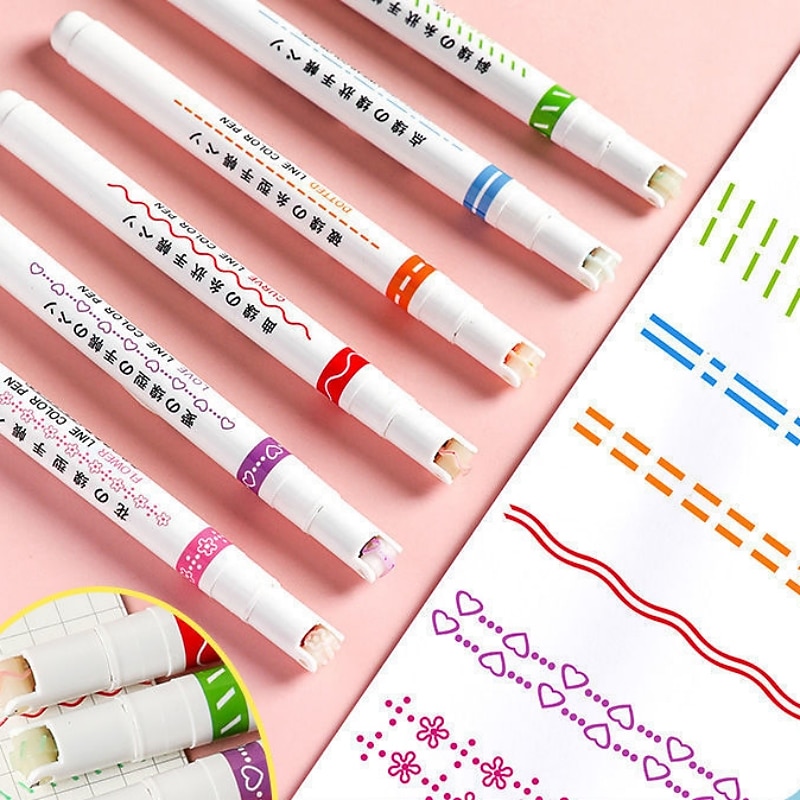 6Pcs/pack Curve Highlighter Pen Flower-shaped Curve Line Highlighters Multiple Shapes Graffiti Markers Pen Roller Tip Art Stationery