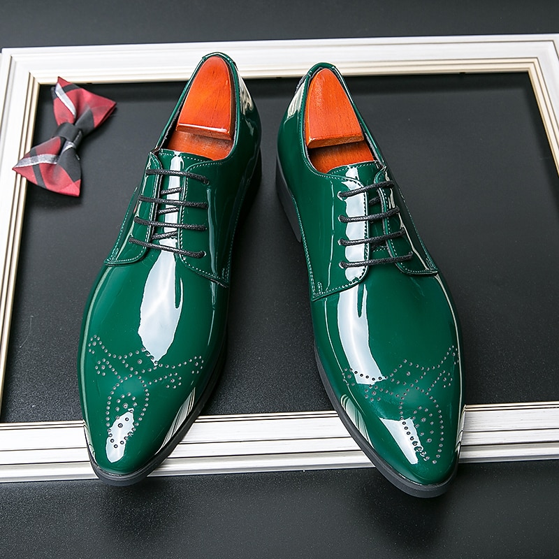 Men's Green Patent Leather Oxford Dress Shoes – Formal Shiny Lace-Up Shoes for Business, Weddings, and Special Events2