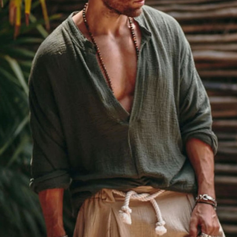 Men's Linen Shirt Viking Style Summer Shirt Beach Wear Casual Shirt Plain Vacation Curise White Green Long Sleeve V Neck Spring & Summer Clothing Apparel2