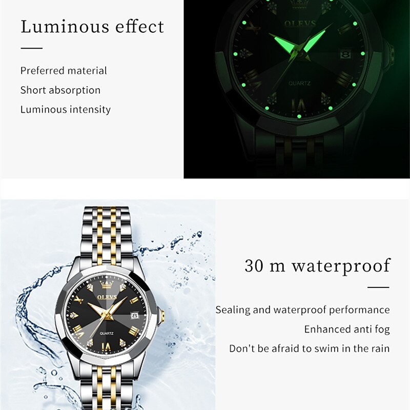 Olevs Women Quartz Watch Luxury Business Diamond Dress Analog Ladies Wristwatches Luminous Calendar Fashion Waterproof Stainless Steel Watch Female Clock4