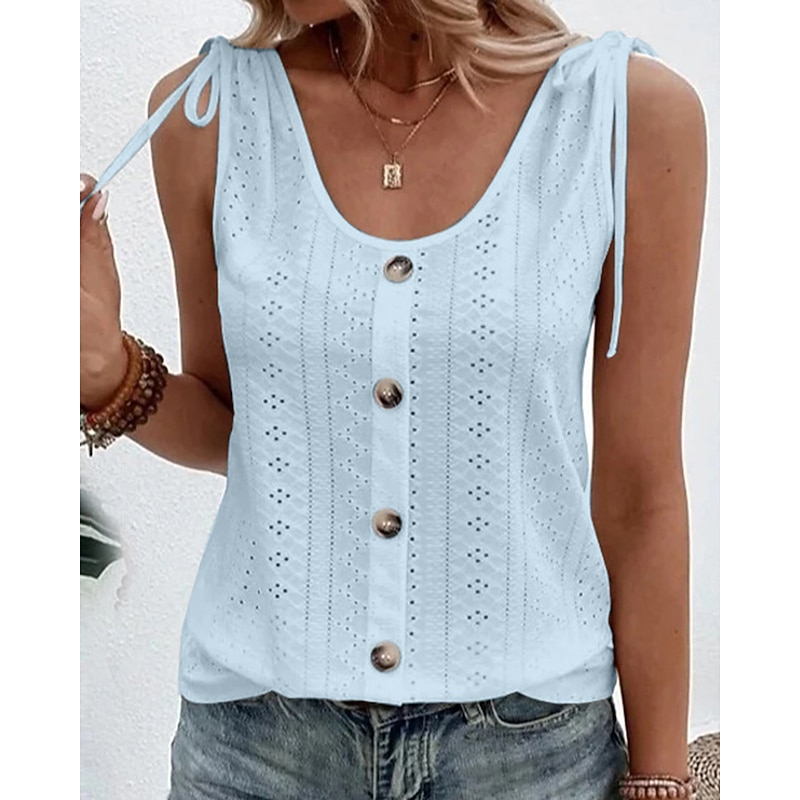 Women's Camisole Tank Top Eyelet top Dressy Tops Plain Basic Sleeveless Sleeveless U Neck Regular Tops Daily Weekend Buttons Light Blue claret Black White Pink4