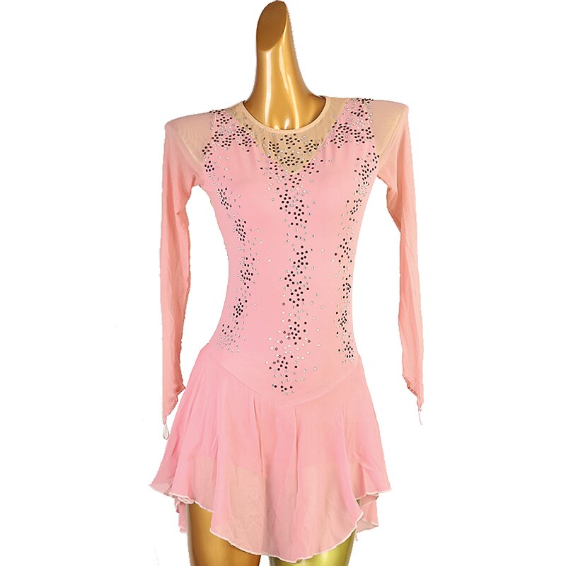 Figure Skating Dress Women's Girls' Ice Skating Dress Dusty Rose Patchwork Mesh High Elasticity Training Competition Skating Wear Classic Crystal / Rhinestone Long Sleeve Ice Skating Figure Skating2