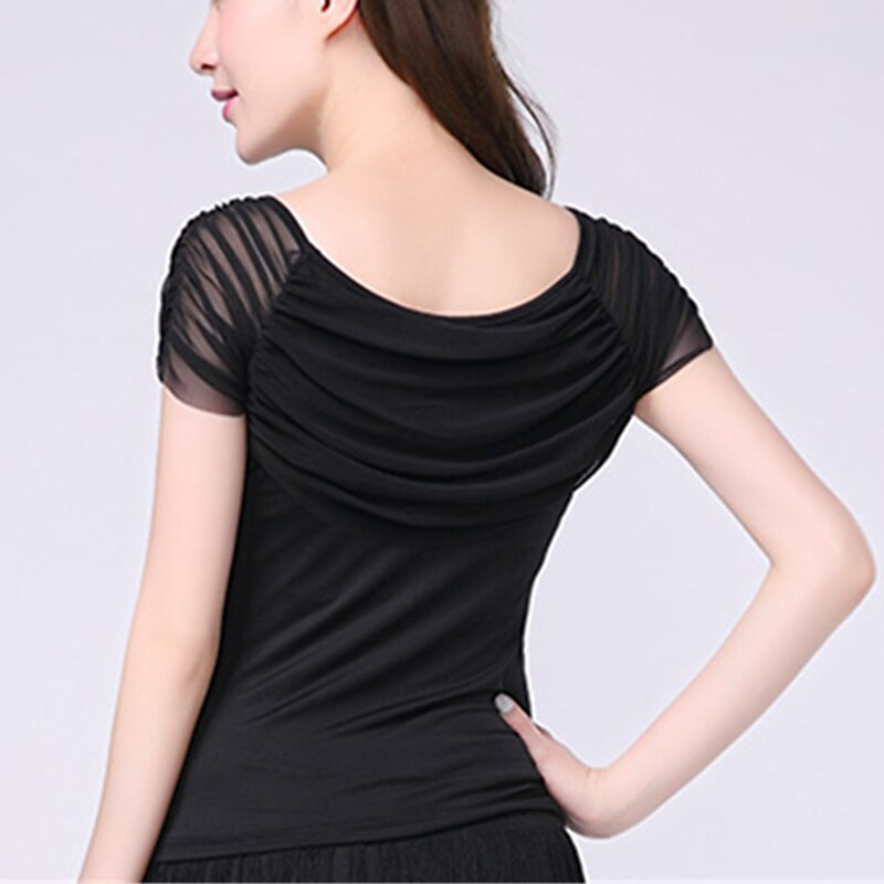 Latin Dance Ballroom Dance Activewear Top Ruffles Pure Color Splicing Women's Performance Training Short Sleeve Mesh Milk Fiber2