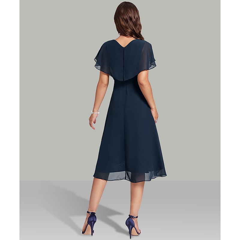 A-Line Wedding Guest Dresses Elegant Dress Semi Formal Tea Length Short Sleeve V Neck Belt / Sash Chiffon with Beading3